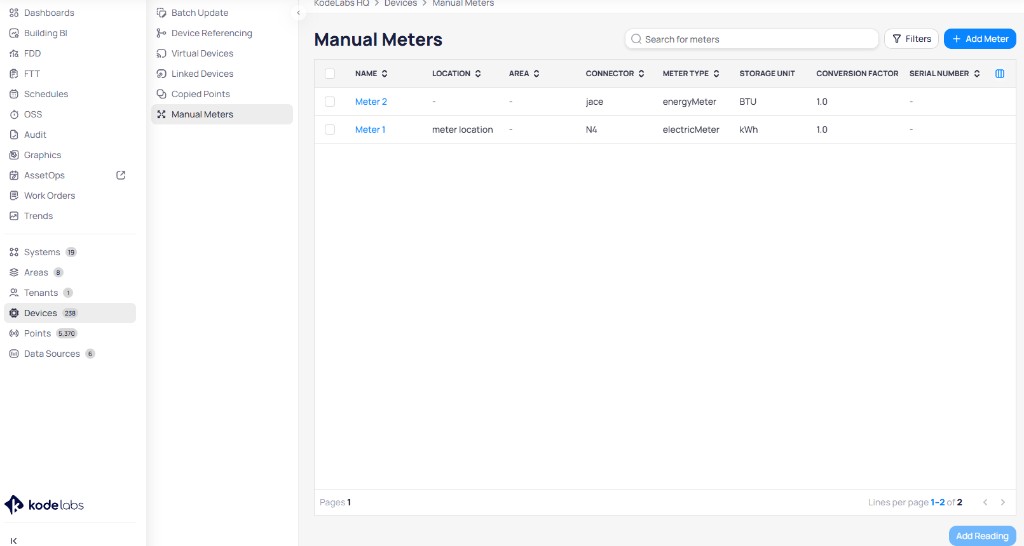 Manual Meters page with search bar, Filters and Add Meter buttons, and table columns for Name, Location, Area, Connector, Meter Type, Storage Unit, Conversion Factor, and Serial Number
