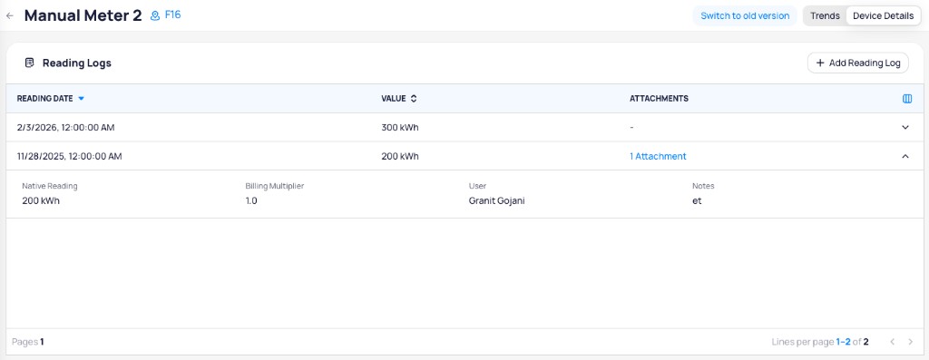 Expanded reading log row showing Native Reading 200 kWh, Billing Multiplier 1.0, User Granit Gojani, and Notes field