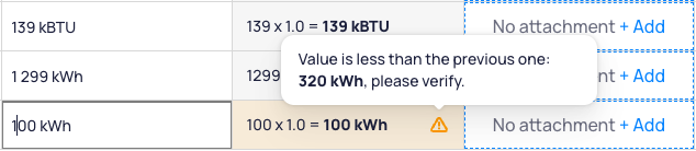 Add Readings row with Value Preview showing orange highlight and tooltip stating value is less than the previous one 320 kWh please verify