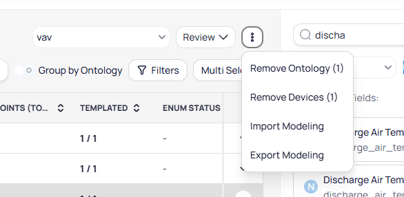 More actions menu showing Remove Ontology, Remove Devices, Import Modeling, and Export Modeling options