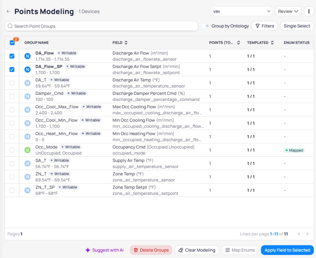 Points Modeling in Multi Select mode with two point groups checked, showing a bottom toolbar with Suggest with AI, Delete Groups, Clear Modeling, Map Enums, and Apply Field to Selected buttons