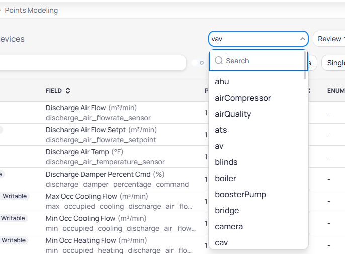 Device type dropdown expanded showing a searchable list of ontology types including ahu, airCompressor, airQuality, ats, av, blinds, boiler, boosterPump, bridge, camera, and cav