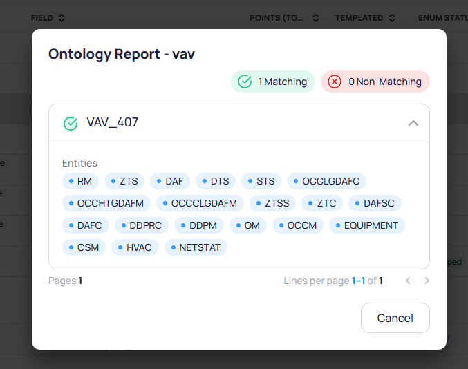 Ontology Report for VAV showing 1 Matching and 0 Non-Matching, with VAV_407 expanded to show entities including RM, ZTS, DAF, DTS, STS, OCCLGDAFC, and others