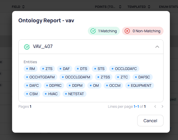 Ontology Report for VAV showing 1 Matching and 0 Non-Matching, with VAV_407 expanded to show entities including RM, ZTS, DAF, DTS, STS, OCCLGDAFC, and others