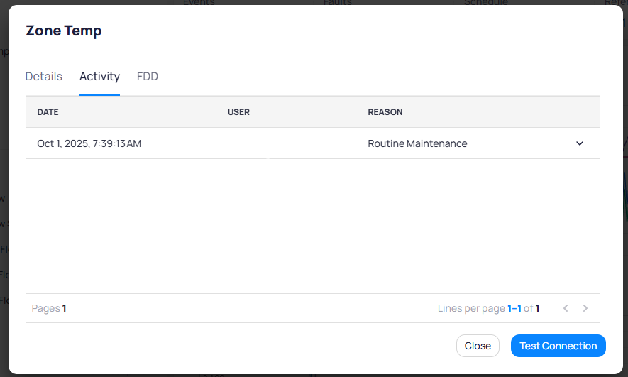 Point Activity tab showing a single entry dated Oct 1 2025 with reason Routine Maintenance