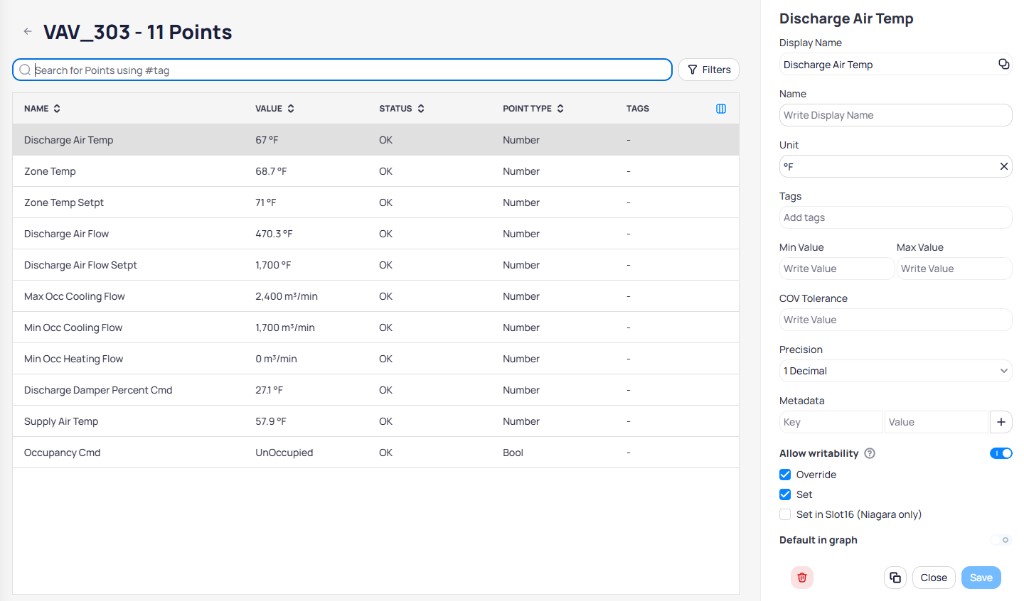 Points list for VAV_303 showing 11 points with a detail editor panel for Discharge Air Temp on the right side
