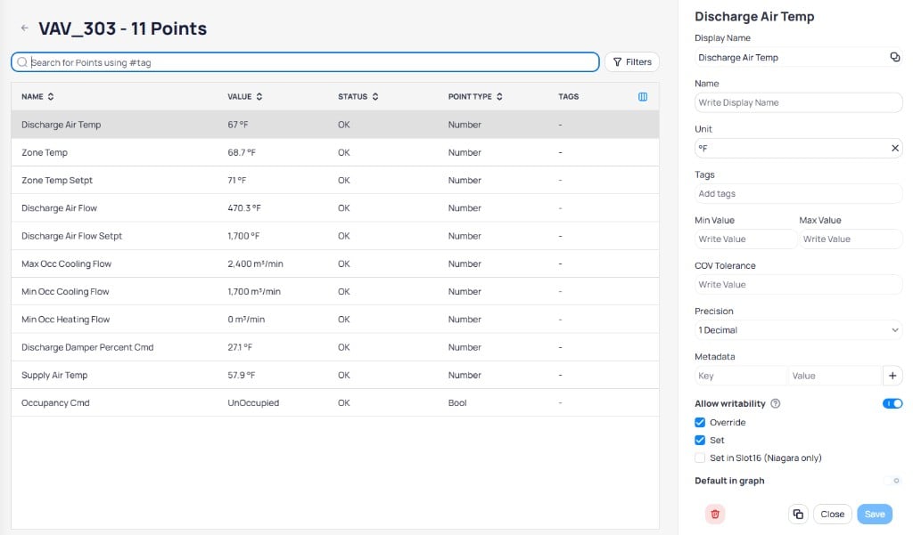 Points list for VAV_303 showing 11 points with a detail editor panel for Discharge Air Temp on the right side