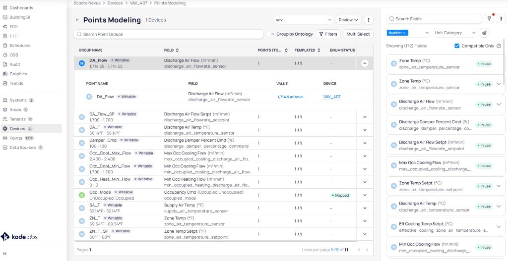 Points Modeling page for a VAV device showing point groups like DA_Flow, DA_Flow_SP, and DA_T with their mapped ontology fields, and a right panel listing compatible fields filtered by category