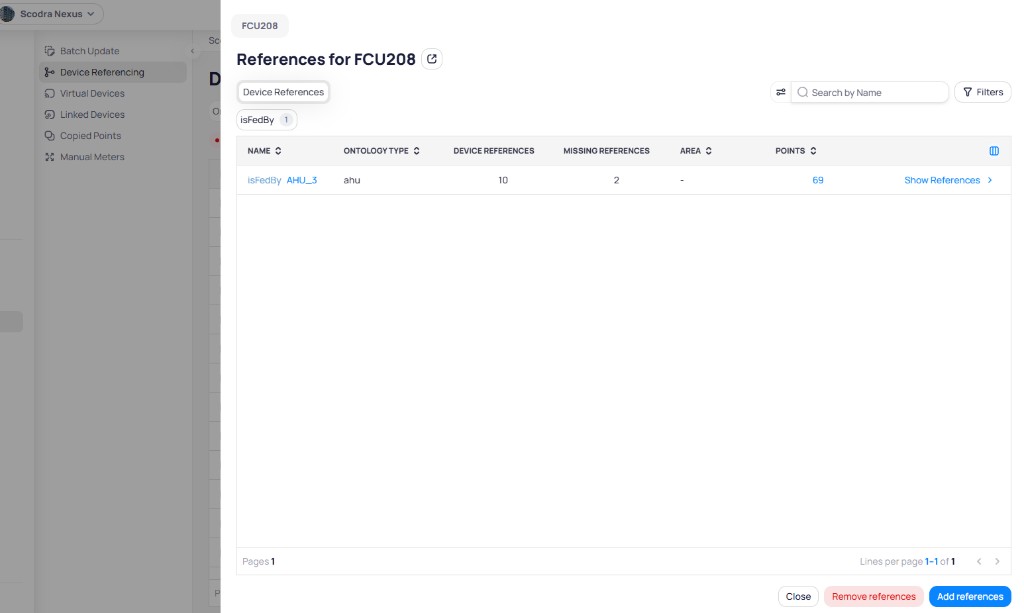 References for FCU208 showing an isFedBy reference to AHU_3 with ontology type ahu, 10 device references, 2 missing references, and 69 points