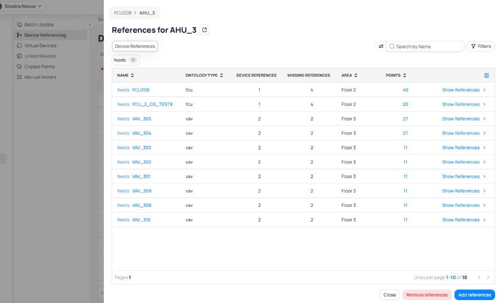 References for AHU_3 showing feeds references to FCU208, FCU_2_GS_TEST8, and multiple VAV devices across Floor 2 and Floor 3, with Remove references and Add references buttons at the bottom