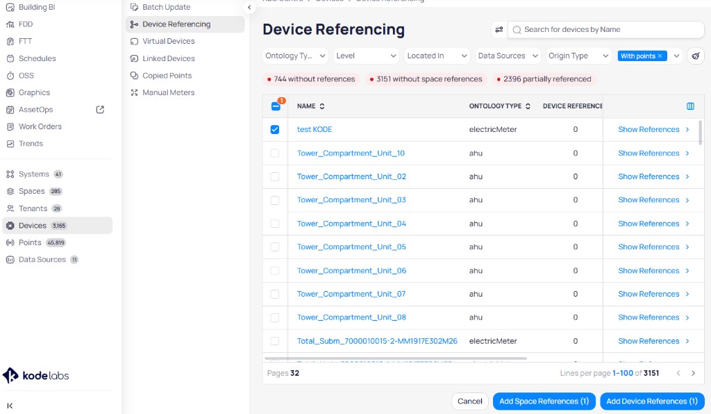 Device Referencing page with search and filters for Ontology Type Level Located In Data Sources Origin Type, status counts for devices without references and without space references, device table with Show References links, and Add Space References and Add Device References buttons