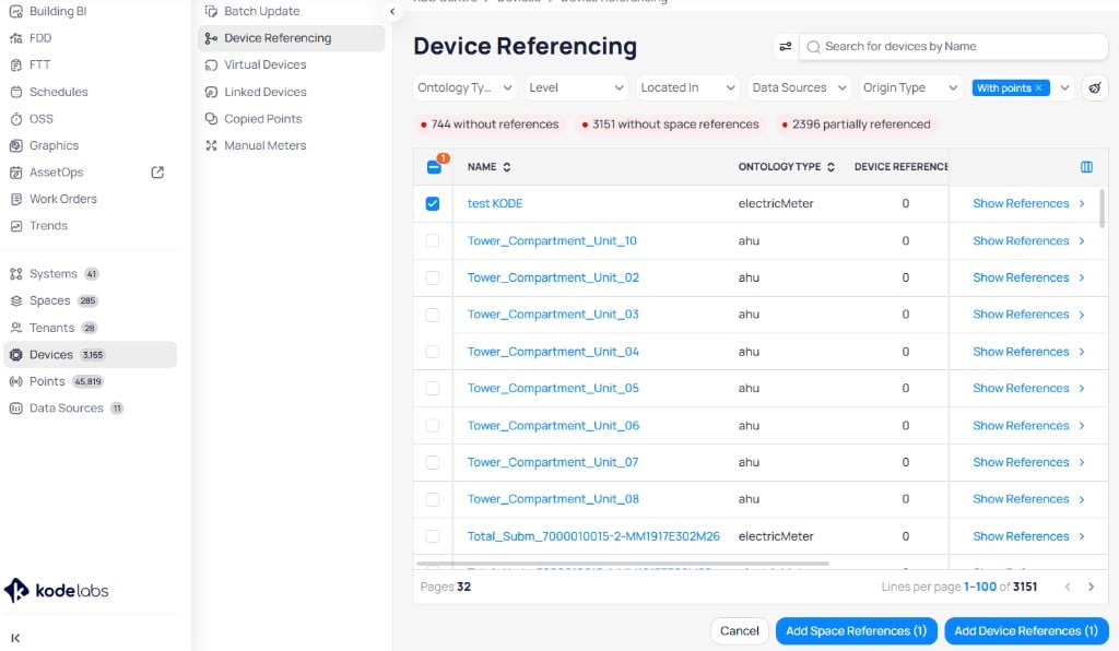 Device Referencing page with search and filters for Ontology Type Level Located In Data Sources Origin Type, status counts for devices without references and without space references, device table with Show References links, and Add Space References and Add Device References buttons