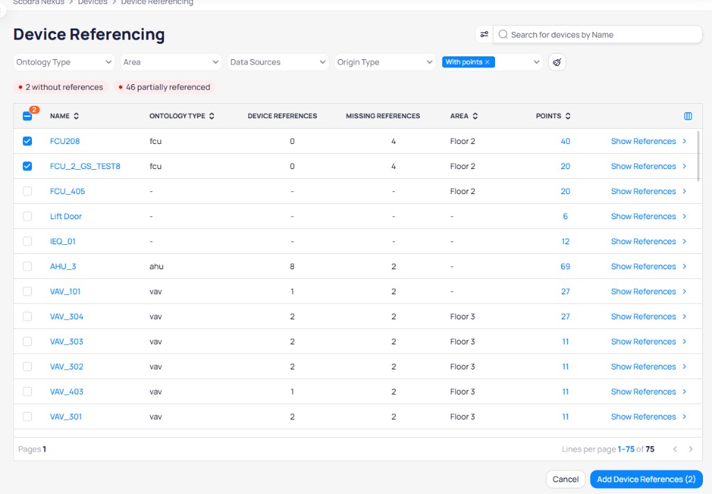 Device Referencing page with two FCU devices selected and an Add Device References button at the bottom showing the count of selected devices