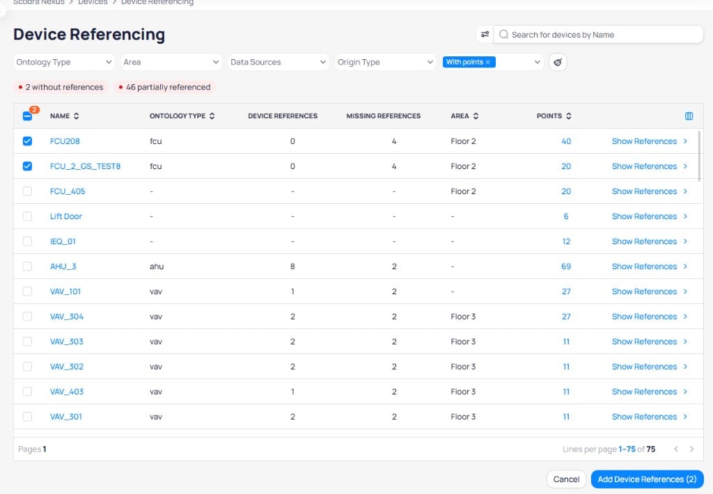 Device Referencing page with two FCU devices selected and an Add Device References button at the bottom showing the count of selected devices