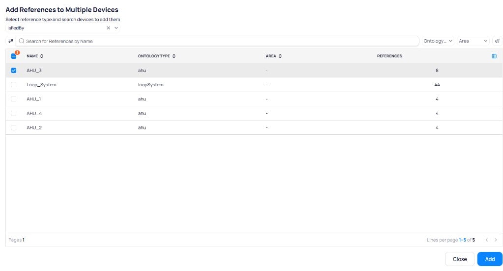 Add References dialog with isFedBy selected, showing a list of AHU and loopSystem devices with columns for Name, Ontology Type, Area, and References, with AHU_3 selected