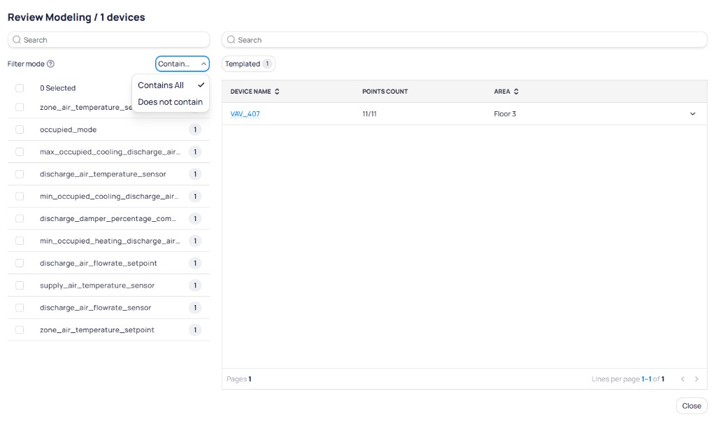 Review Modeling dialog showing a list of ontology fields on the left with point counts, a Contains All filter mode dropdown, and a device table on the right showing VAV_407 with 11 of 11 points on Floor 3