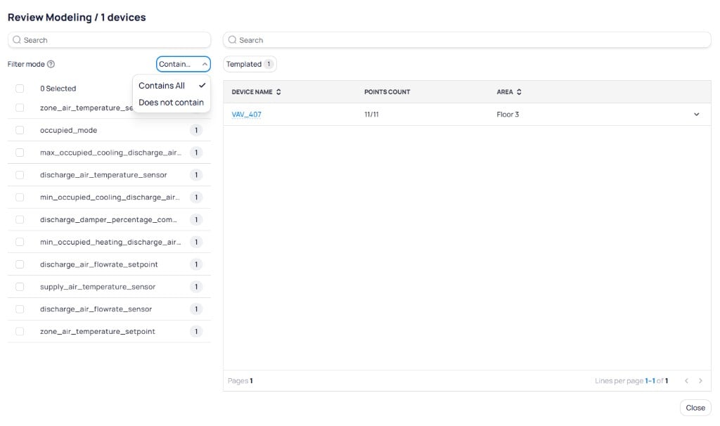 Review Modeling dialog showing a list of ontology fields on the left with point counts, a Contains All filter mode dropdown, and a device table on the right showing VAV_407 with 11 of 11 points on Floor 3