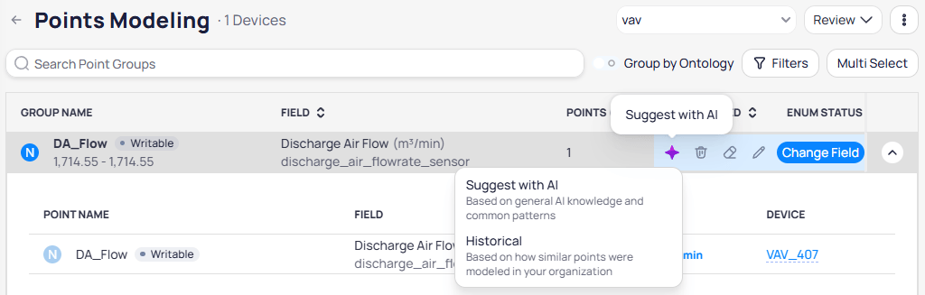 Suggest with AI dropdown showing two options: Suggest with AI based on general AI knowledge and common patterns, and Historical based on how similar points were modeled in your organization