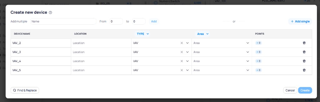 Create new device modal with Add multiple name prefix and From and To fields, table of VAV devices with Type and Area dropdowns, Find and Replace, Cancel, and Create buttons