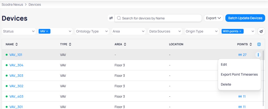 Devices list with filters for Type and With points, Export and Batch Update Devices buttons, and a row menu showing Edit, Export Point Timeseries, and Delete