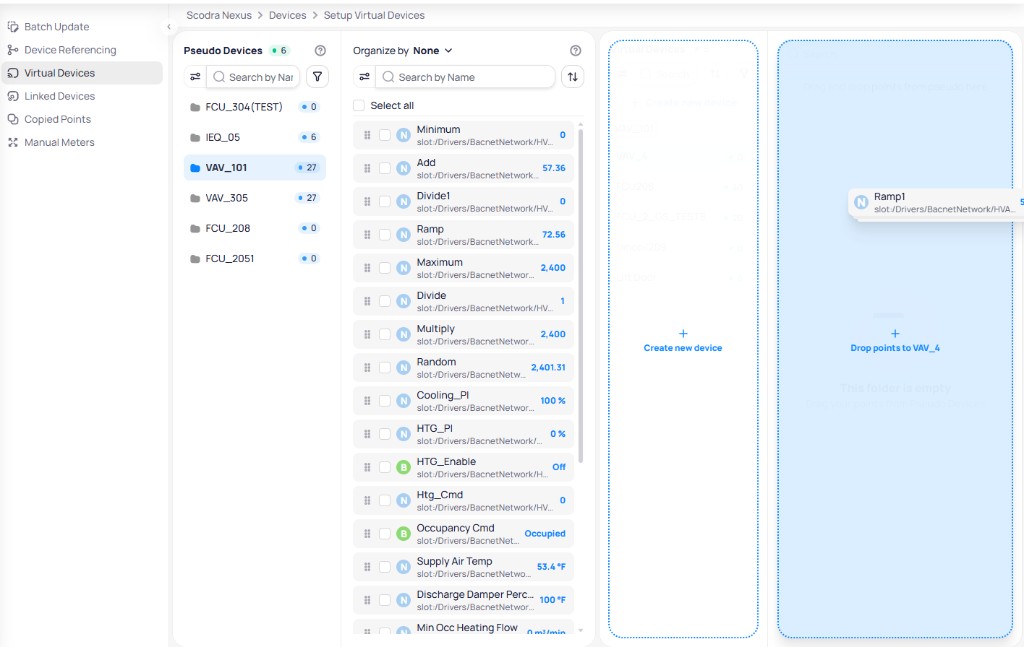 Setup Virtual Devices showing Ramp1 point being dragged from VAV_101 points list into the Drop points to VAV_4 zone