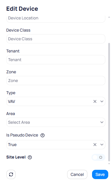 Edit Device form showing Device Location, Device Class, Tenant, Zone, Type VAV, Area, Is Pseudo Device set to True, and Site Level toggle