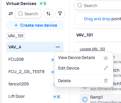 Virtual Devices list with VAV_4 row selected and three-dot menu open showing View Device Details, Edit Device, and Delete