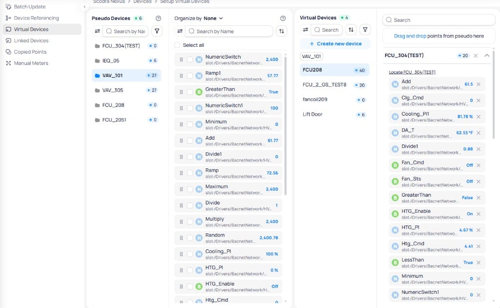 Setup Virtual Devices with Pseudo Devices list, points for VAV_101, Virtual Devices list with Create new device, and FCU208 mapping panel showing dragged points and values
