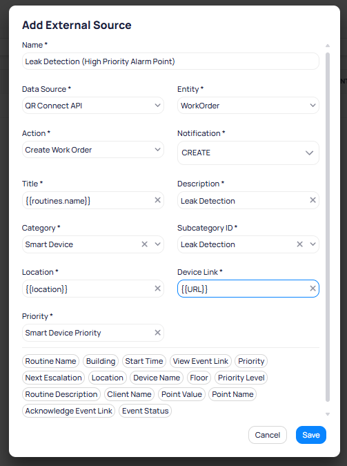Add External Source dialog showing fields for Name, Data Source, Entity, Action, Notification, Title, Description, Category, Subcategory ID, Location, Device Link, and Priority, with dynamic variable tokens listed at the bottom