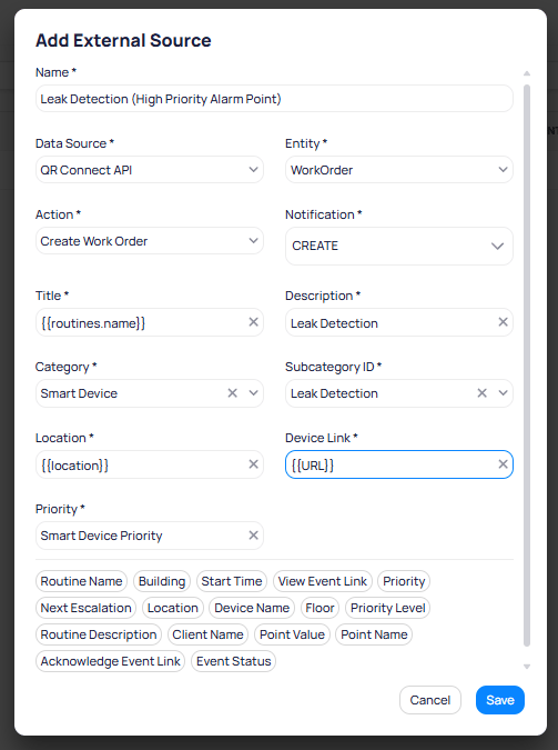 Add External Source dialog showing fields for Name, Data Source, Entity, Action, Notification, Title, Description, Category, Subcategory ID, Location, Device Link, and Priority, with dynamic variable tokens listed at the bottom