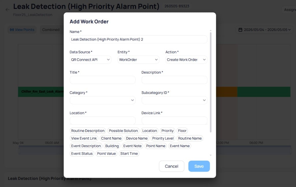 Add Work Order dialog showing fields for Name, Data Source, Entity, Action, Title, Description, Category, Subcategory ID, Location, and Device Link, with dynamic variable tokens listed at the bottom
