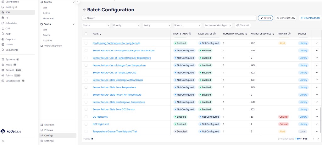 Batch Configuration page with search bar, filter dropdowns for Status, Priority, Policy, Source, and Recommended Type, and a table listing routines with columns for Name, Event Status, Fault Status, Number of Folders, Number of Devices, Priority, and Source showing Library and Local sources
