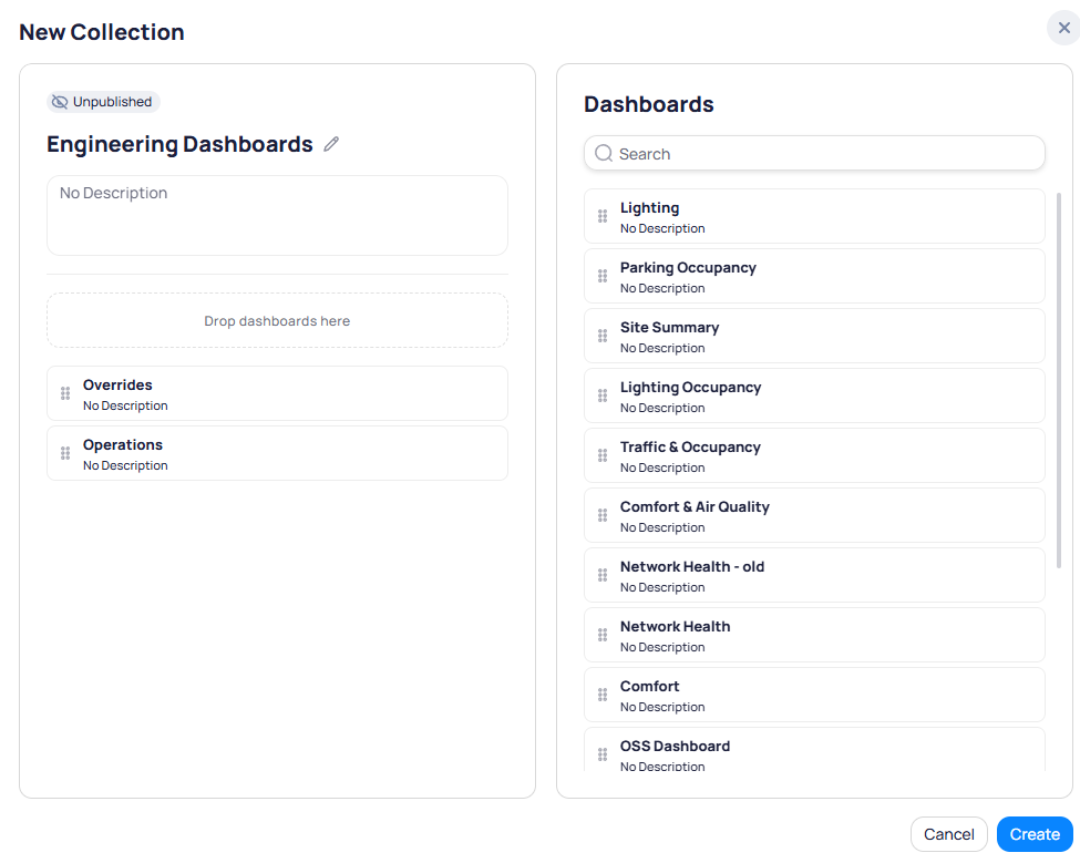 New Collection dialog showing Engineering Dashboards as the collection name with an Unpublished badge, Overrides and Operations dashboards added on the left, a Drop dashboards here zone, and a searchable list of available dashboards on the right including Lighting, Parking Occupancy, Site Summary, and others