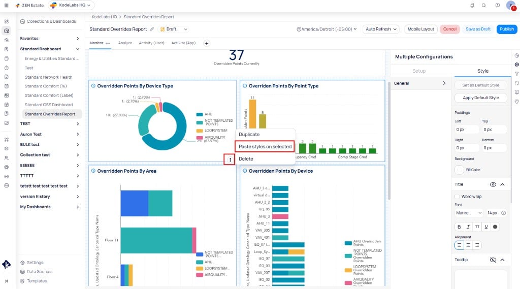 Dashboard with multiple widgets selected showing the three-dot menu with Duplicate, Paste styles on selected, and Delete options, and the Multiple Configurations panel on the right