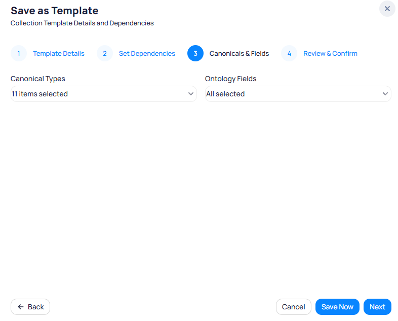 Save as Template dialog Step 3 Canonicals and Fields showing Canonical Types dropdown with 11 items selected and Ontology Fields dropdown with All selected