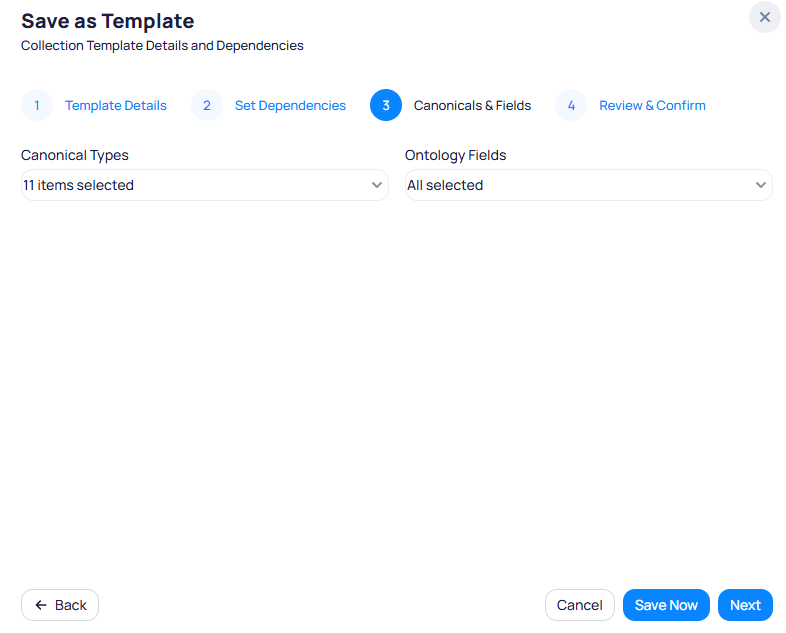 Save as Template dialog Step 3 Canonicals and Fields showing Canonical Types dropdown with 11 items selected and Ontology Fields dropdown with All selected