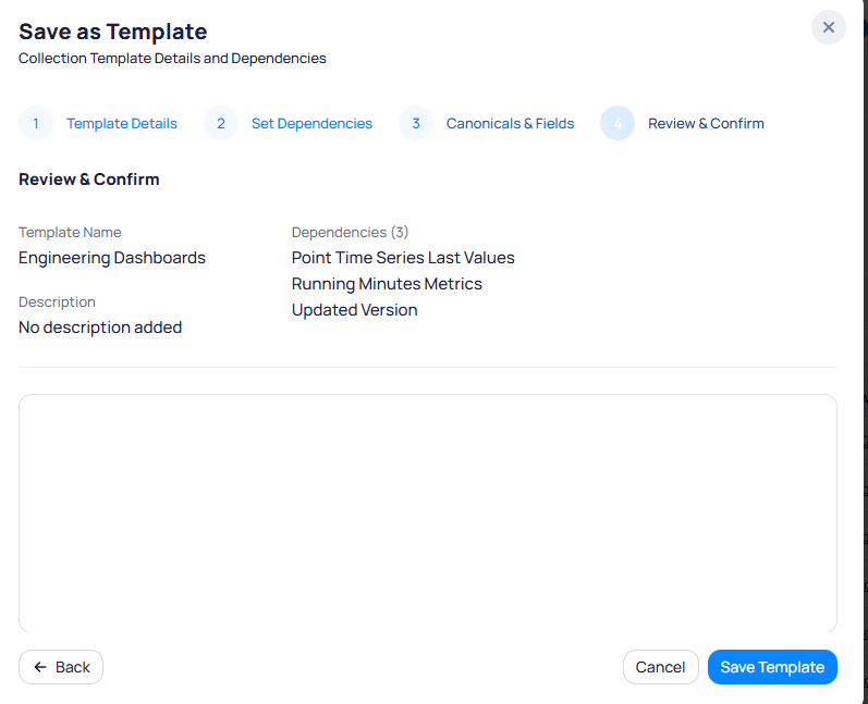 Save as Template dialog Step 4 Review and Confirm showing Template Name Engineering Dashboards, Description No description added, Dependencies 3 including Point Time Series Last Values, Running Minutes Metrics, and Updated Version, with a notes text area and Cancel and Save Template buttons
