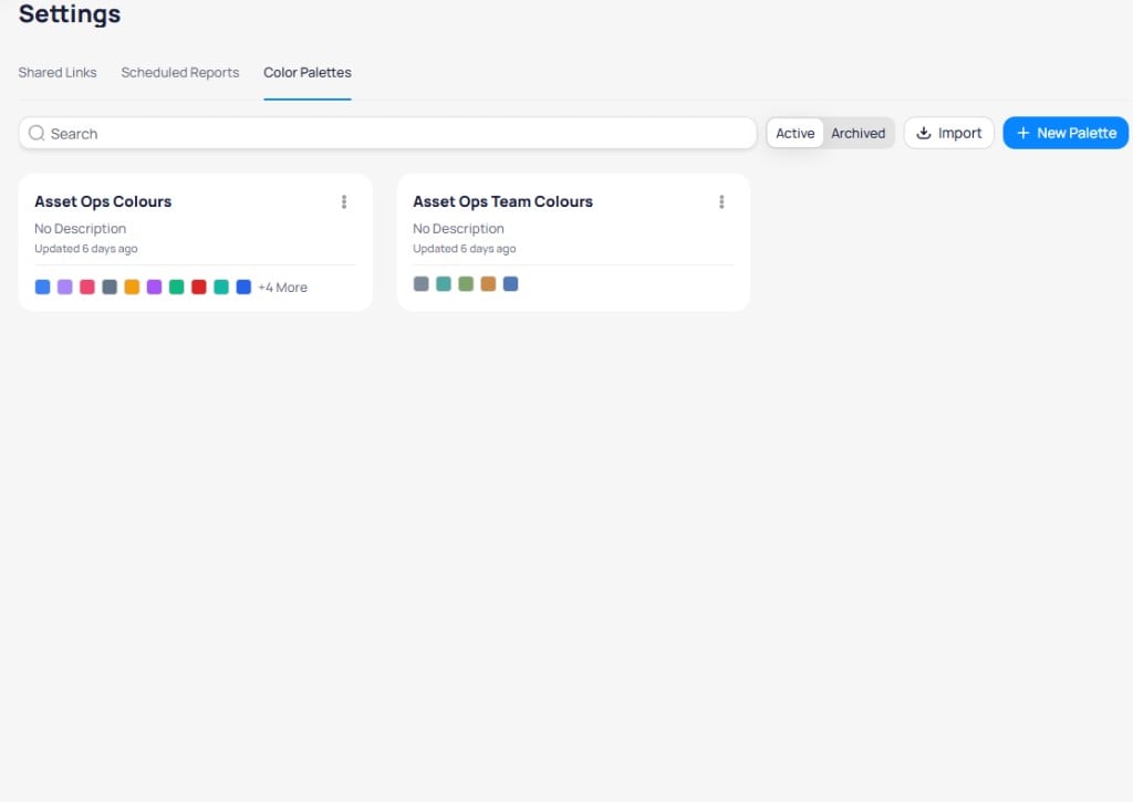 Settings page Color Palettes tab showing Active and Archived filters, Import button, New Palette button, and two palette cards: Asset Ops Colours with multiple color swatches and Asset Ops Team Colours with five color swatches