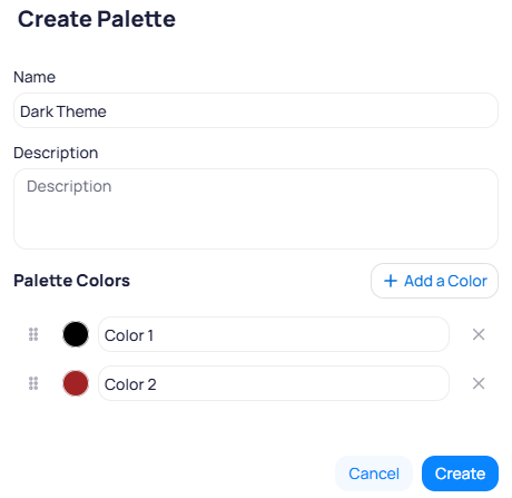 Create Palette dialog showing Name field set to Dark Theme, Description field, Palette Colors section with Add a Color button, and two color entries Color 1 in black and Color 2 in dark red with drag handles and remove buttons