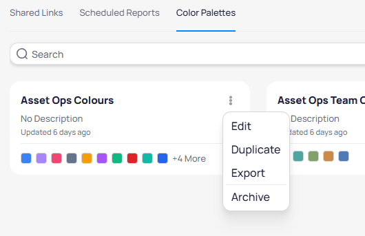 Color palette card three-dot menu showing Edit, Duplicate, Export, and Archive options for the Asset Ops Colours palette