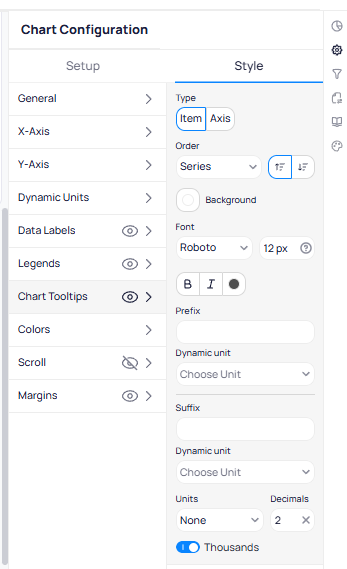 Chart Configuration Style tab with Chart Tooltips section expanded showing Type toggle between Item and Axis, Order set to Series, Background color, Font set to Roboto 12px, Prefix, Dynamic unit dropdown, Suffix, Dynamic unit, Units set to None, Decimals set to 2, and Thousands toggle enabled