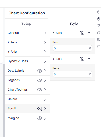 Chart Configuration Style tab with Scroll section expanded showing X-Axis Items set to 5 and Y-Axis Items set to 5