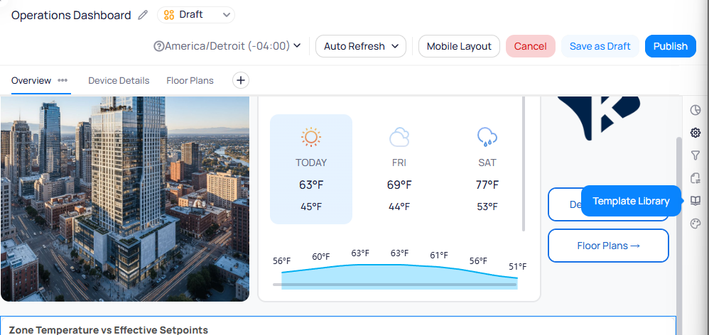 Dashboard in edit mode showing the right sidebar with the Template Library button highlighted