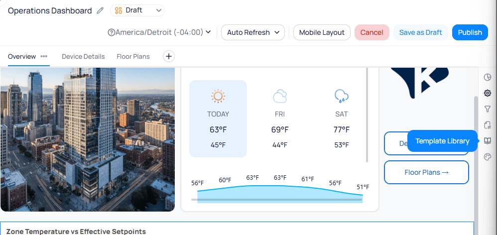 Dashboard in edit mode showing the right sidebar with the Template Library button highlighted