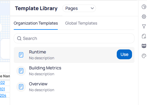 Template Library panel with Pages filter selected showing Organization Templates with Runtime, Building Metrics, and Overview page templates, with a Use button visible on the Runtime template