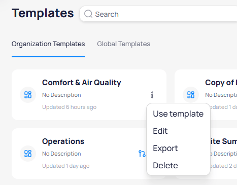 Template card three-dot menu showing Use template, Edit, Export, and Delete options for the Comfort and Air Quality template