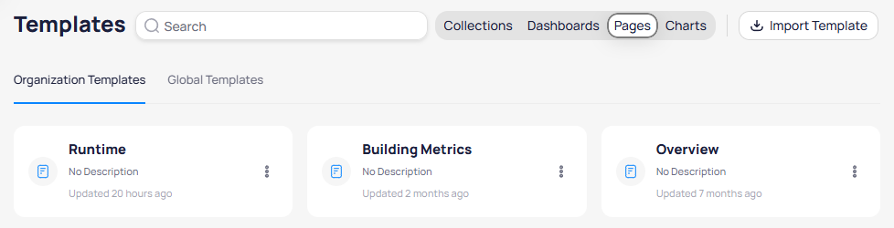 Templates page with Pages filter selected showing Organization Templates with page template cards for Runtime, Building Metrics, and Overview
