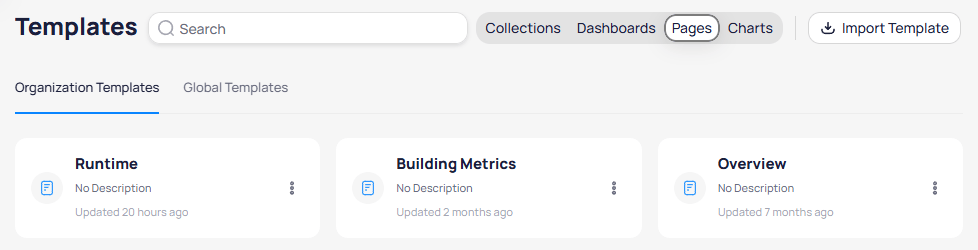 Templates page with Pages filter selected showing Organization Templates with page template cards for Runtime, Building Metrics, and Overview