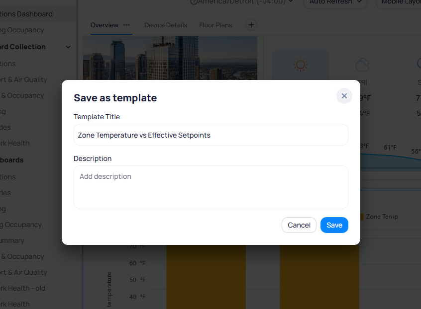 Save as template dialog showing Template Title set to Zone Temperature vs Effective Setpoints, a Description field, and Cancel and Save buttons