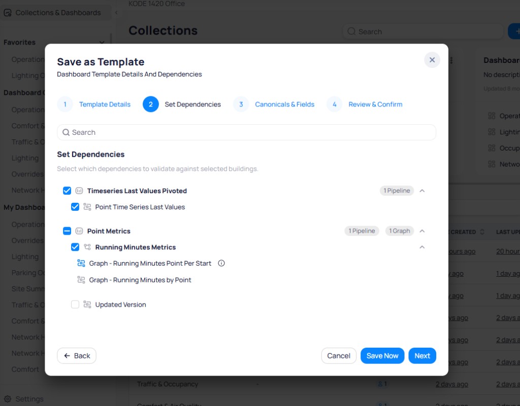 Save as Template dialog Step 2 Set Dependencies showing Timeseries Last Values Pivoted with Point Time Series Last Values checked, Point Metrics with Running Minutes Metrics checked and two graph items, and an Updated Version item unchecked